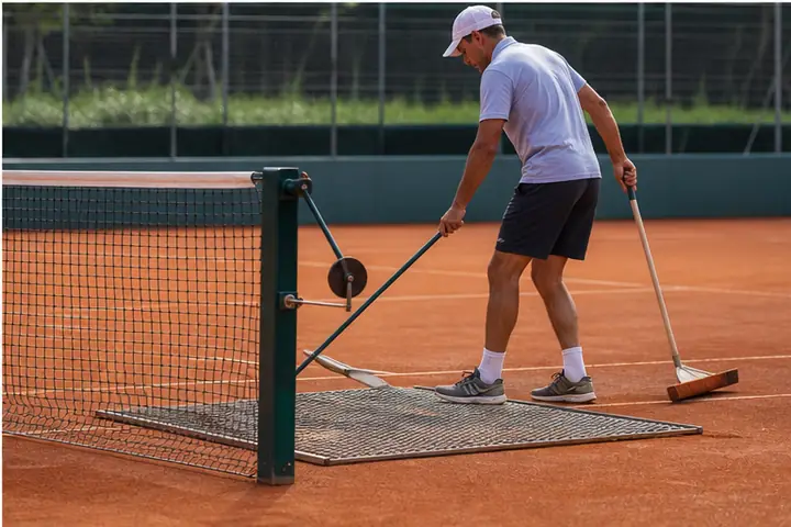 Manutentore utilizza stuoia e spazzola su un campo da tennis in terra battuta.